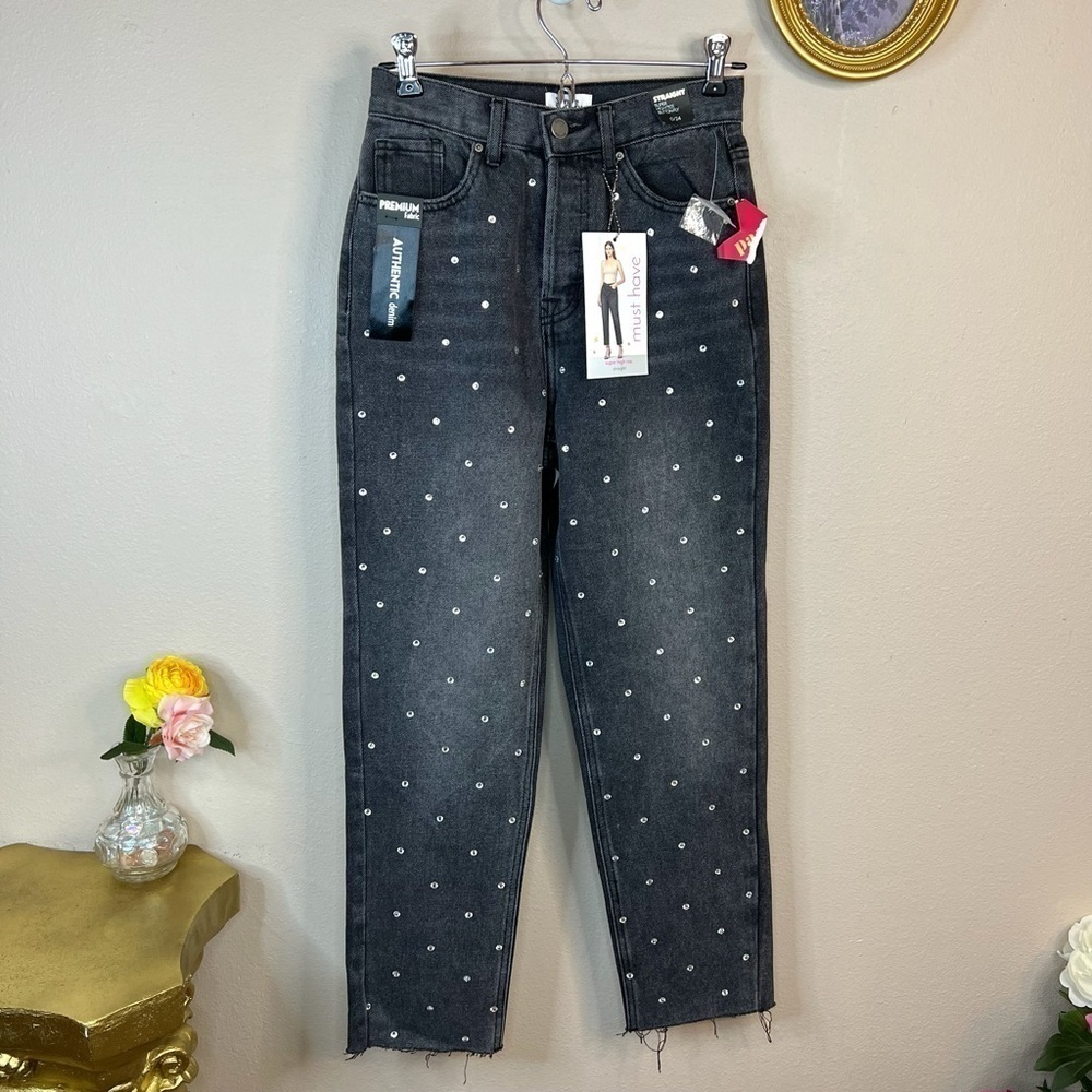 0 NWT Simply Society Grey Gemstone High Rise Denim Jeans Women’s Extra Small XS